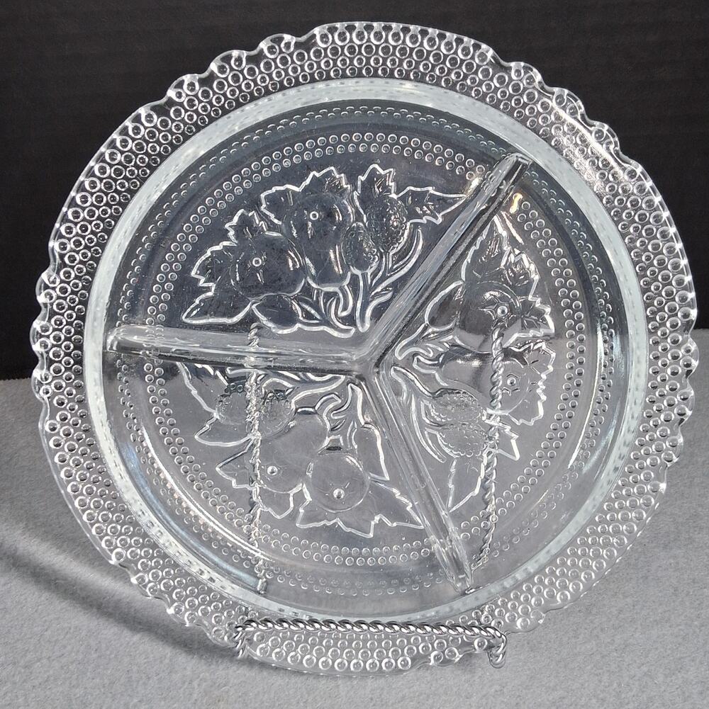 Divided Three Section Relish Tray Pressed Clear Glass Fruit Motif Pears Berries